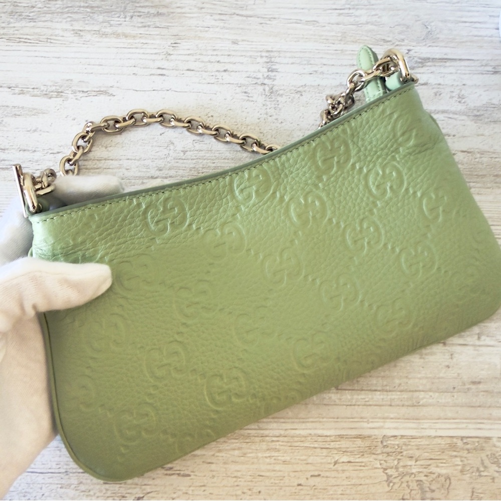 New Gucci Brainy GG Emblem leather shoulder crossbody mini bag pouch, green - Picture 10 of 13